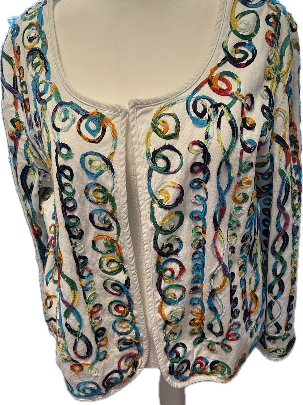 PARAGON White Open-Front Jacket with Multicolor Spiral Embroidery